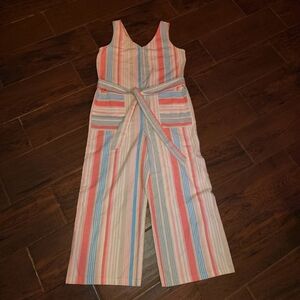 Pastel Striped Sleeveless Thick Linen Cropped length Jumpsuit pockets & belt